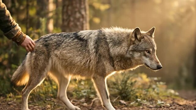Man petting wild wolf walking in sunlit forest. Cinematic interaction between human and predator in wilderness. Natural wildlife encounter in peaceful woodland setting.