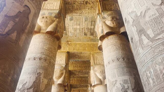 Beautiful vaults and bas-reliefs in the ancient temple complex of Dendera, Qena, Egypt.