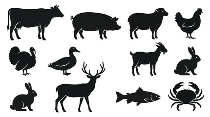 Naklejka premium Farm Animals and Wildlife Silhouettes Collection Cow Pig Sheep Chicken Turkey Duck Goat Rabbit Deer Fish Crab Vector Icons
