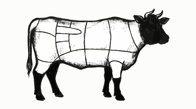 Diagram Illustrating Different Cuts of Beef from a Cow Carcass Butcher Shop and Food Industry Educational Graphic