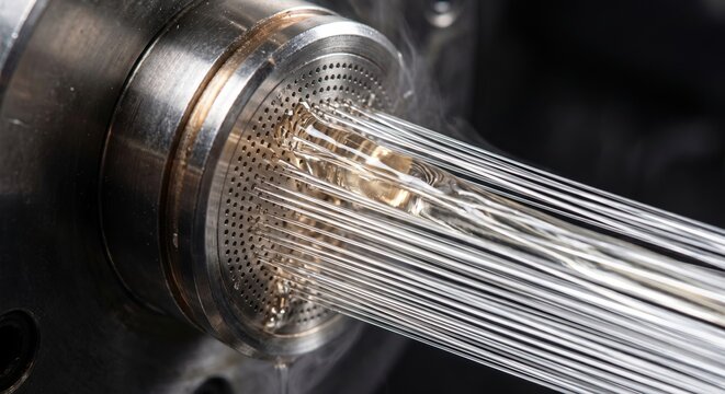 Hot liquid polymer forced through a microscopic metal spinneret