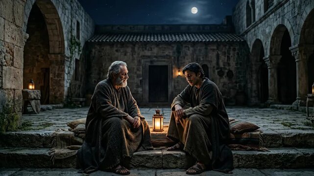 Two men in ancient robes sitting at night in stone courtyard. Mentor talking to student by lantern light. Biblical scene reflecting faith and wisdom concept.