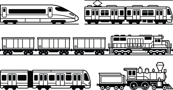 Train Line Art Icon Set with Modern Bullet Locomotive Steam Engine Subway and Cargo Rail Transportation Symbols for Logistics and Graphic Designs