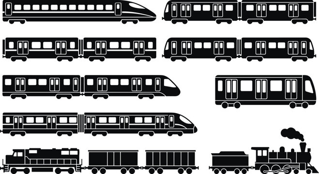 Train Silhouette Icon Set with Modern Bullet Locomotive Steam Engine Subway and Freight Cargo Rail Transportation Symbols for Logistics and Graphic Designs