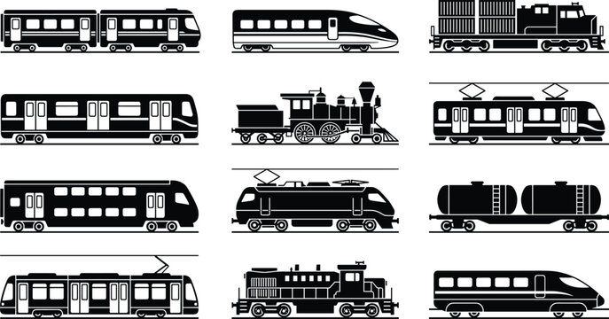 Train Silhouette Icon Set with Modern Locomotive Steam Engine Subway and Cargo Rail Transportation Symbols for Logistics Travel and Graphic Designs