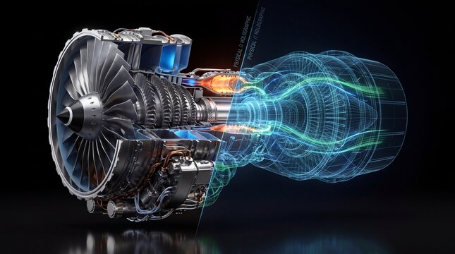 3d rendering of jet engine showing physical and holographic breakdown with flowing energy.