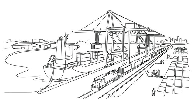 Industrial port with cargo ship and train.