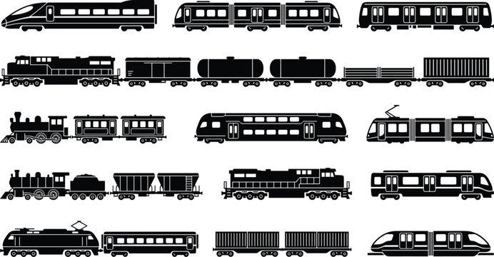 Train Silhouette Set with Modern Bullet Locomotive Steam Engine Subway and Cargo Freight Rail Car Transportation Symbols for Logistics and Travel Graphic Designs
