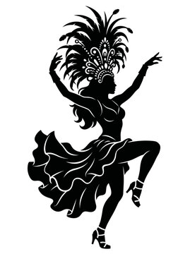 Silhouette of a woman in a brazilian carnival costume dancing samba with feathers and a flowing skirt Silhouette