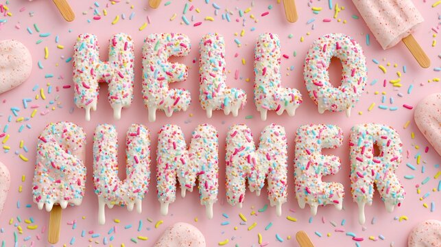 colorful, summer-themed graphic with candy-inspired letters and popsicles