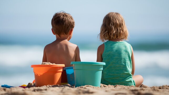 Two kids build sandcastles with buckets while enjoying ocean view