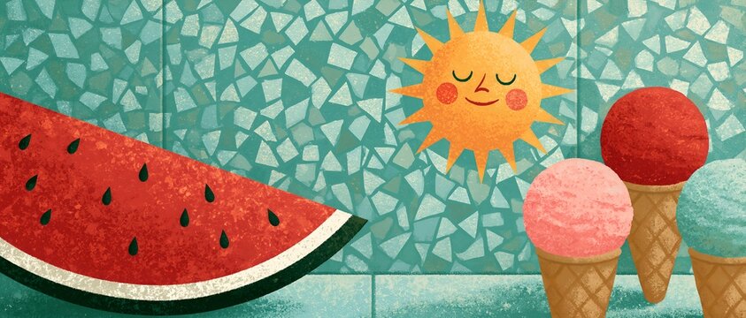 Illustration featuring watermelon, ice cream, and smiling sun on tiled wall