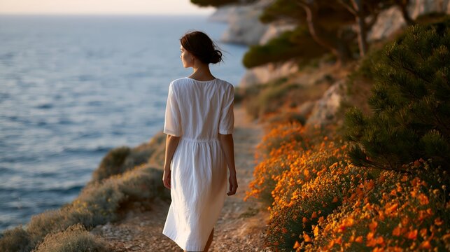 Woman strolls past coastal wildflowers