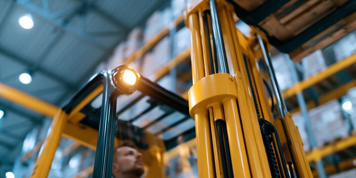 Close-up of forklift machinery inside warehouse