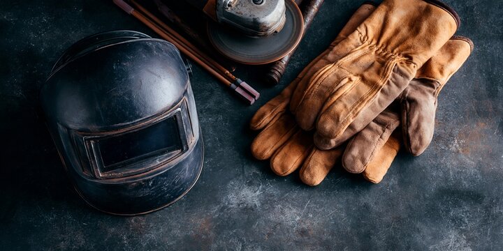 Black welding helmet sits beside worn gloves and metal tools