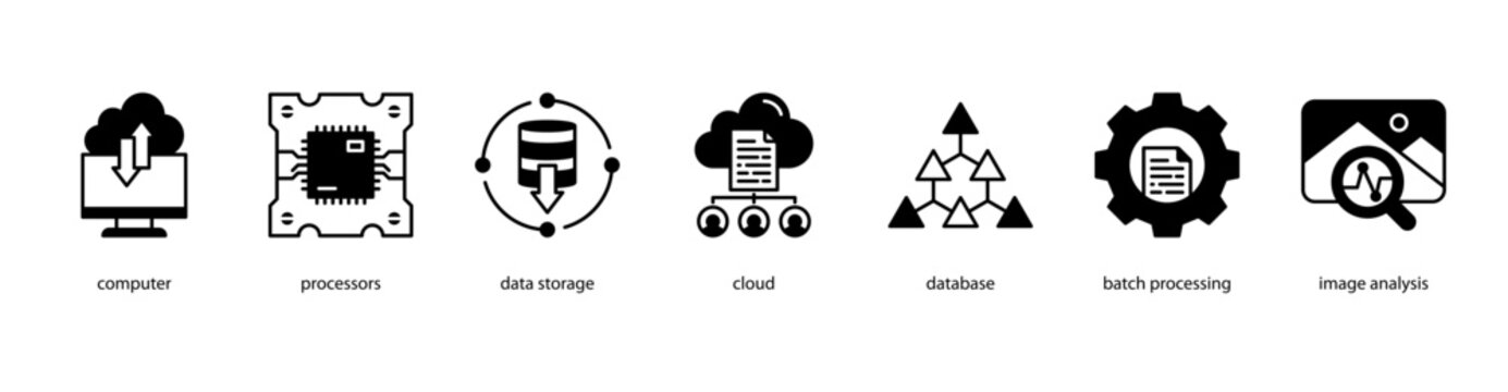 Cloud Computing web banner icon vector illustration featuring Computer, Processors, Data Storage, Cloud, Database, Batch Processing, and Image Analysis.
