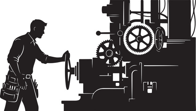 Black silhouette of man operating large industrial 1 machine