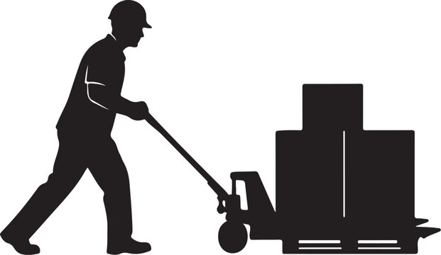 Black silhouette of man pushing dolly with boxes worker
