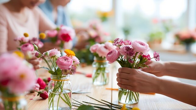 Hands arrange pink flowers in glass vases on a wooden table
