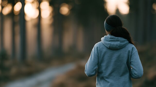 Solo runner in wooded trail during sunrise or sunset