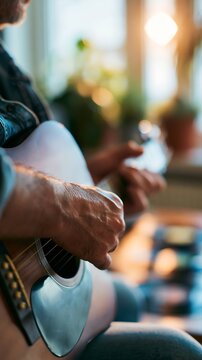 Close-up of musician's hands playing guitar near window with soft sunlight