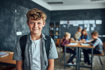 Obraz premium Young smiling student standing in classroom with backpack
