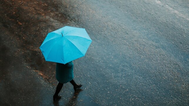 Blue umbrella shields a solitary walker on rain-slicked pavement