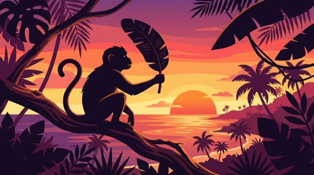 Tropical monkey silhouette at sunset