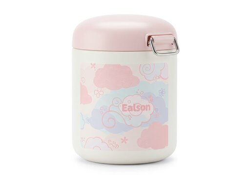 Pink and White Insulated Food Jar with Cute Cloud Pattern for Kids Lunch, Stainless Steel Thermal Soup Container Isolated on White