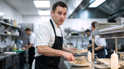 Fototapeta premium Professional male chef plating food in a commercial kitchen. Culinary expert in white uniform and black apron working in a restaurant. Portrait of a cook in a busy kitchen environment