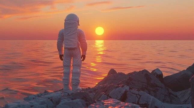 Astronaut Sunset Ocean Cinematic Motion Clip