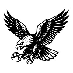 Fototapeta premium Eagle Attack Illustration: A powerful eagle, depicted in a dynamic black and white illustration, swoops down with talons extended, ready to strike with fierce determination and predatory instinct.