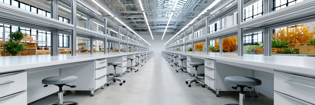 Modern lab with long white desks and ergonomic chairs.