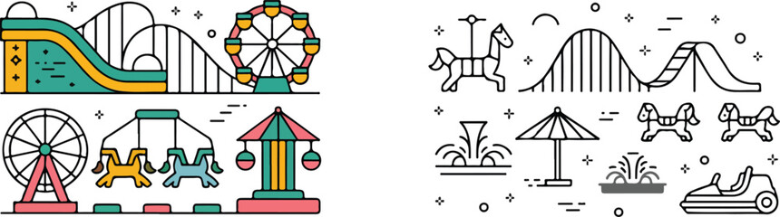 Amusement park vector icon set with line art and colored roller coaster ferris wheel carousel and bumper cars © Yesrath Hasan Sobuj