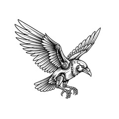 Fototapeta premium Intricate monochrome illustration of a majestic cybernetic raven, a captivating fusion of organic grace and mechanical power, poised in dynamic flight