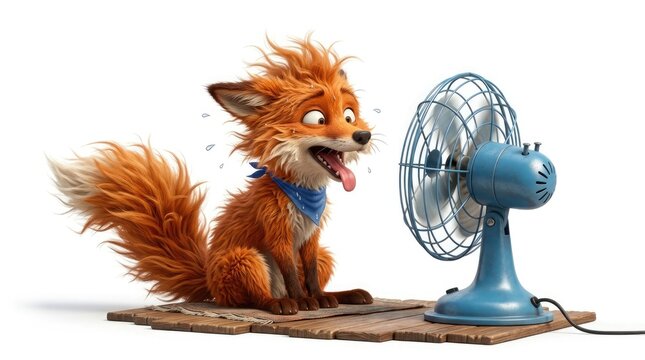 Cartoon fox enjoying a fan on a hot day