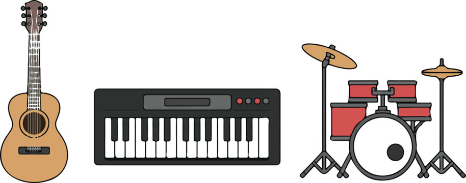 Musical instruments vector set with acoustic guitar digital piano synthesizer and red drum kit isolated on white background