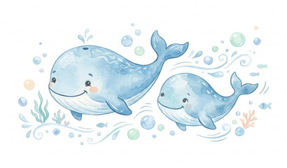 Cute cartoon watercolor whale vector illustration with two whales underwater design © MstLima