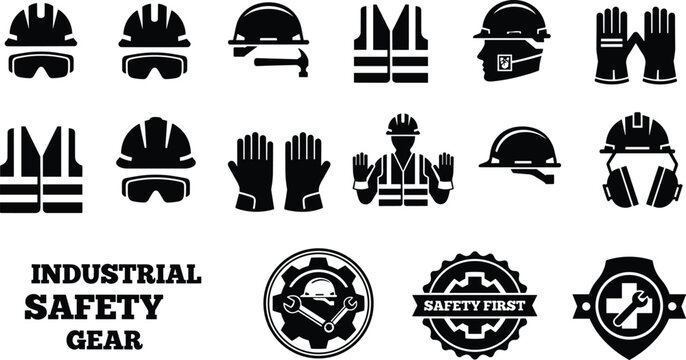Industrial safety gear silhouettes, protective equipment vector art, workplace PPE illustration, security design icons, black graphic protection artwork elements