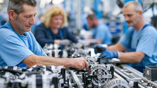 Medium shot of skilled workers assembling standard output alternators on a hightech production line focusing on precise mechanical fit and quality control.
