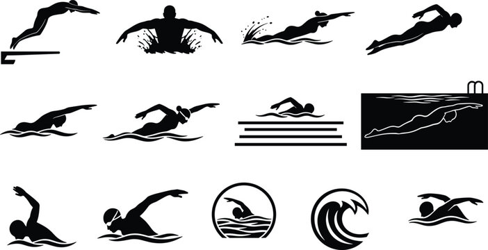 Swimming sports silhouettes, freestyle butterfly backstroke vector art, aquatic lifestyle illustration, water activity design icons, black graphic fitness artwork