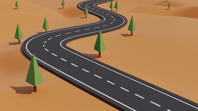Low Poly 3D Animation of Red Car Driving on Winding Desert Road With Sparse Trees
