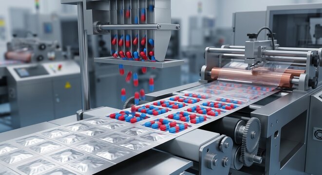 Pharmaceutical machine dropping red and blue capsules into aluminum foil blister packs