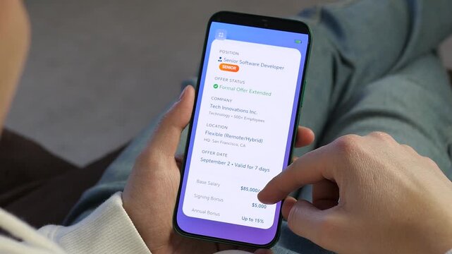 A person receiving a high-paying job offer on a smartphone for a senior software developer role. UI shows salary, bonuses, and remote work options. Perfect for career growth, recruitment, and IT