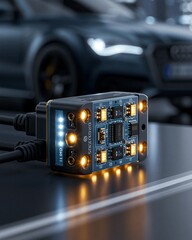 Fototapeta premium Medium shot of IoTenabled lighting diagnostic module showcasing current sensing with embedded sensors transmitting realtime lamp performance data to vehicle systems.