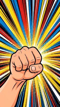 Comic Book Fist Punch Pow Illustration With Speed Lines - A vibrant illustration in pop art comic book style depicts a clenched fist punching forward.