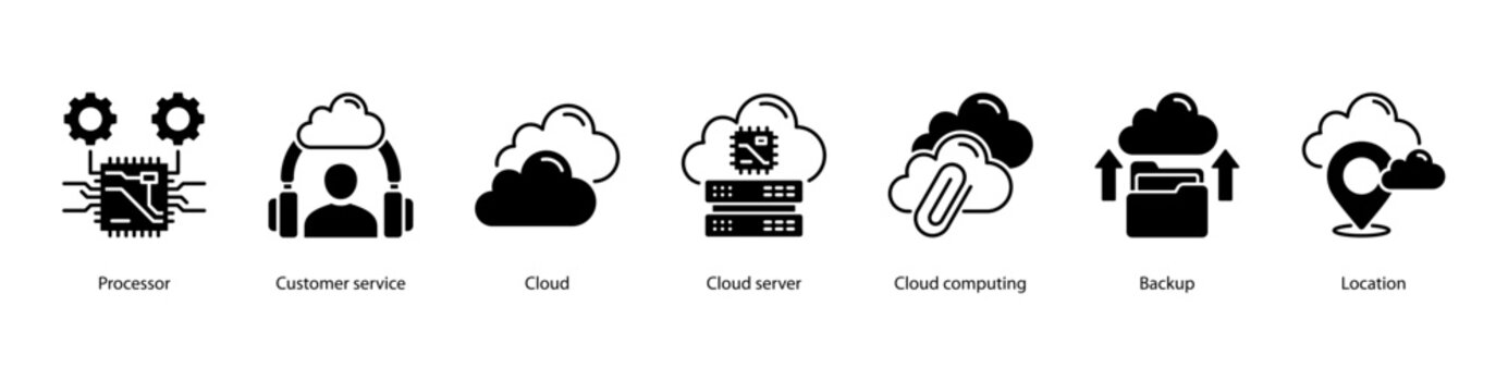 Enterprise Cloud web banner icon vector illustration featuring Processor, Customer Service, Cloud, Cloud Server, Cloud Computing, Backup, and Location.