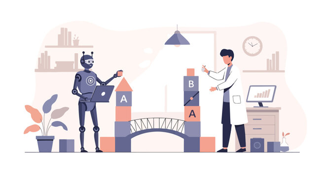 Robot and scientist in laboratory setting.