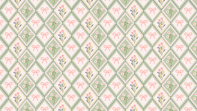 Vector illustration background of beautiful cute small pink ribbon and colourful flowers with green leaves in plaid texture. simple vintage ditsy style. fashion fabric textile pattern background. 
