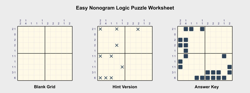 Easy nonogram logic puzzle worksheet with blank grid, clue version and pixel answer example. Printable activity encourages concentration and logical thinking